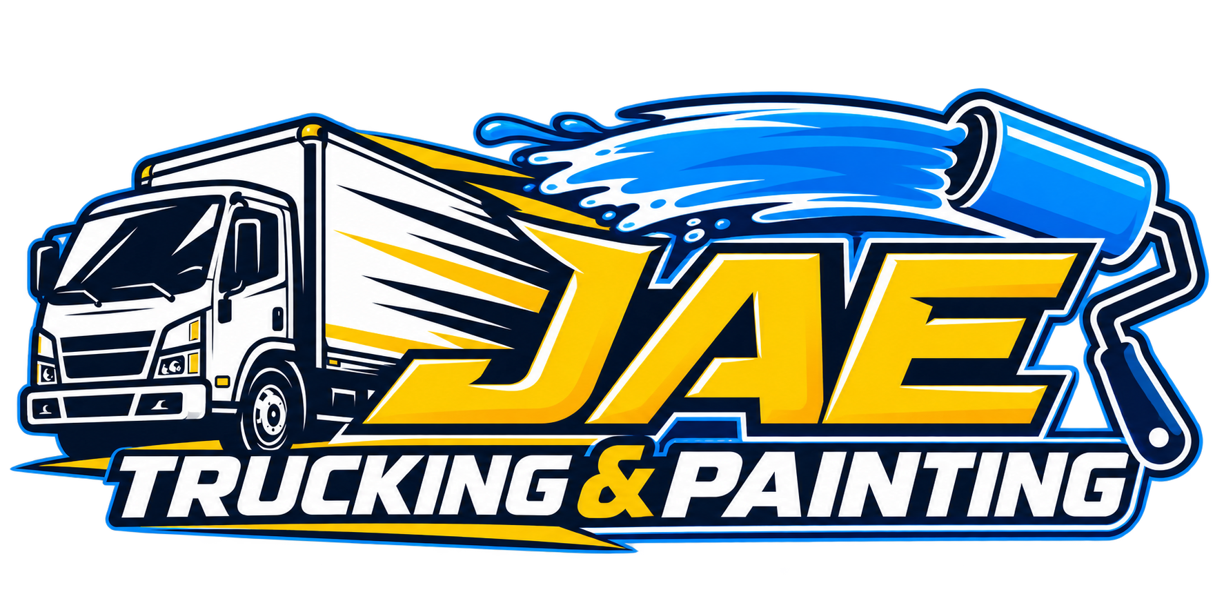 JAE Trucking and Painting logo featuring a box truck and blue paint roller